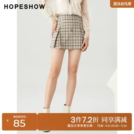 红袖outlets复古格纹短裙hopeshow2022春季新款刺绣开叉a字半身裙商品大图