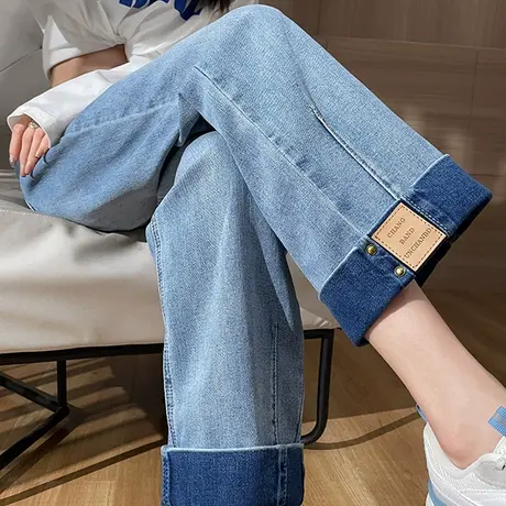 阔腿裤直筒牛仔裤女秋冬小个子翻边高腰垂感宽松卷边九分裤子商品大图