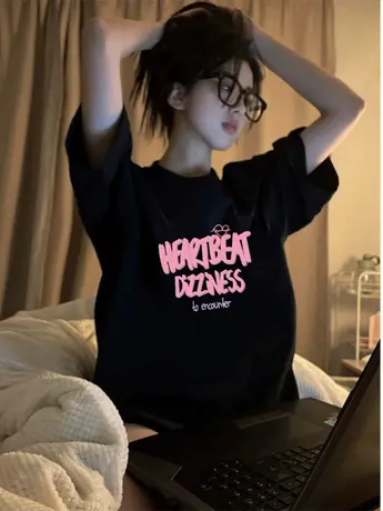 黑色仿棉短袖t恤女2023新款夏季欧货洋气大码女装辣妹甜酷上衣服商品大图