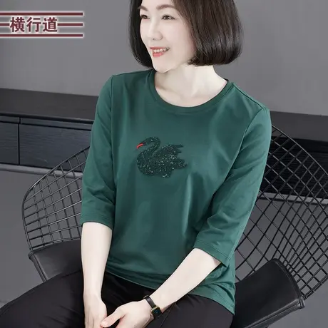 2025春季新款简约休闲圆领绣珠宽松中袖T恤女装显瘦套头大码外穿商品大图