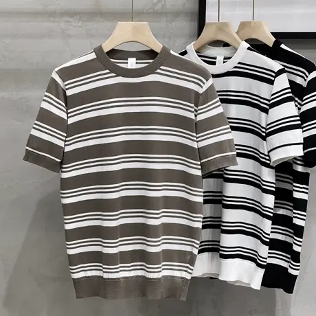黑白条纹针织短袖男圆领夏季潮流时尚痞帅冰丝t恤男士半截袖体恤商品大图