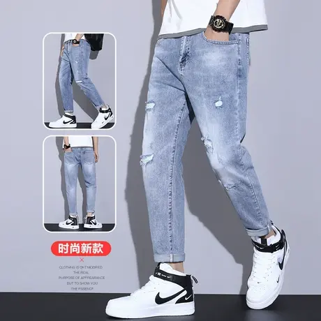 破洞牛仔裤男士直筒宽松韩版潮流春季九分休闲裤子男裤夏季春秋款商品大图