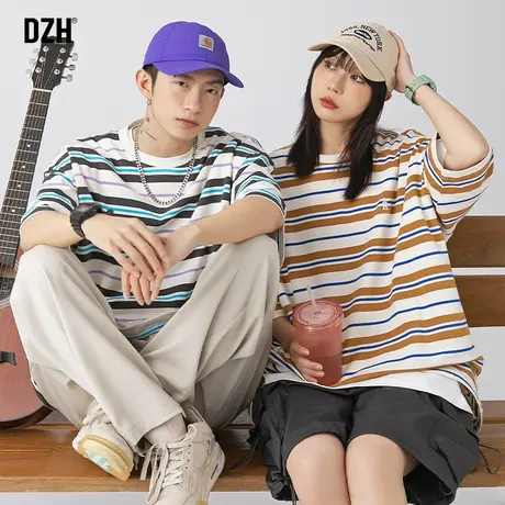 情侣条纹T恤男短袖重磅美式夏季半袖上衣男女同款情侣装2023新款商品大图