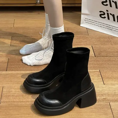 法式绒面高跟弹力瘦瘦袜靴女秋冬小个子增高小短靴厚底超火马丁靴图片