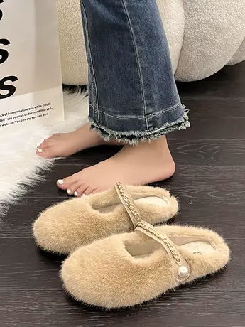 小香毛毛拖鞋女外穿包头半拖2023秋冬新款平底仙女风玛丽珍棉拖鞋商品大图