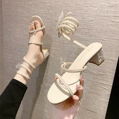 永希女鞋水钻露趾仙女风高跟鞋女2024年夏季新款蛇形缠绕粗跟凉鞋图片