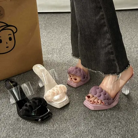 防水台拖鞋女外穿2024年春季新款外穿时尚水晶高跟仙女风一字凉拖商品大图