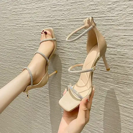 法式高级感露趾凉鞋女2024年夏季新款气质名媛水钻细跟罗马高跟鞋商品大图