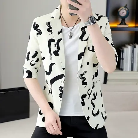 夏季薄款时尚印花中袖西服男潮牌韩版七分袖理发型师帅气小西装商品大图