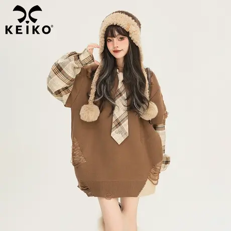 KEIKO 慵懒风破洞假两件毛衣女2024早春日系学院风拼色针织衫上衣图片