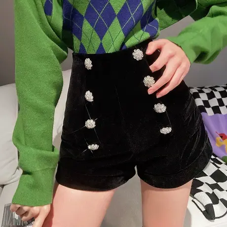 粉红大布娃娃春黑色气质高腰百搭短裤小个子显腿长裤子女2022新款图片