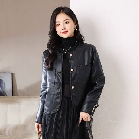 伊自尚2024年新款女装大码胖mm春季别致显瘦时尚气质黑色皮衣外套图片