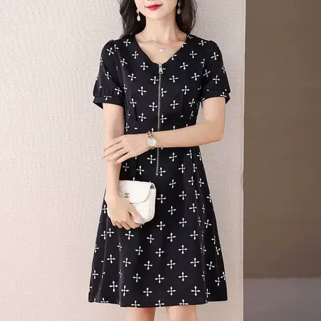 伊自尚法式大码V领连衣裙女胖mm2024夏新款黑色收腰显瘦气质a字裙图片