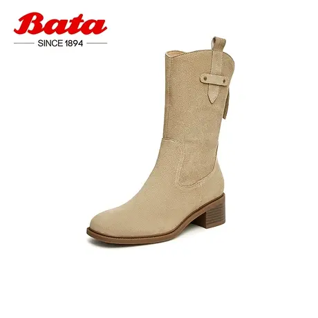 奥莱Bata时装靴女冬季新款英伦西部牛仔靴粗跟牛皮中筒靴ATO60DZ3图片