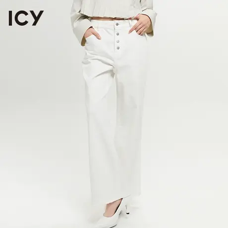 icy2023春季新款时髦休闲纯白棉水洗排扣微喇叭牛仔长裤女图片