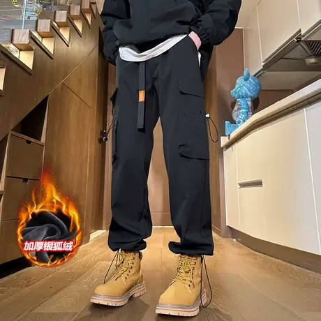 裤子男春秋季新款加绒加厚美式工装裤潮流自带腰带伐木冲锋长裤子商品大图