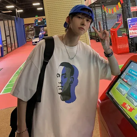 纯棉t恤男短袖潮牌ins高街半袖夏季印花打底衫圆领上衣服宽松体恤商品大图