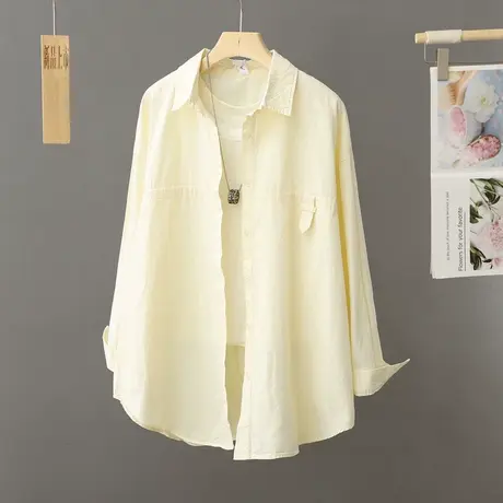 韩式休闲上衣浅黄色纯棉衬衫女士外套2024春秋新款中长款衬衣开衫图片