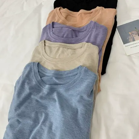 软绵绵羊绒手感 春秋温柔纯色圆领长袖T恤女打底衫上衣薄款针织衫商品大图