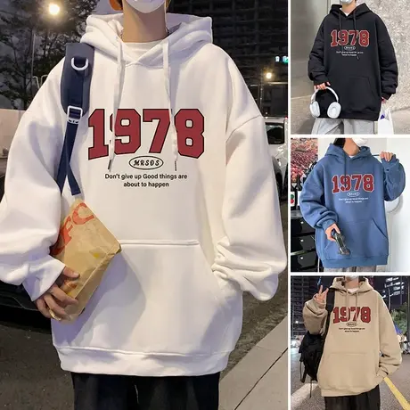 美式复古重磅卫衣外套男春秋款加绒加厚连帽1977ins潮牌宽松上衣商品大图