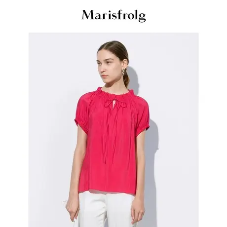 Marisfrolg玛丝菲尔女装2021年夏季新款圆领短袖褶皱红色衬衫上衣商品大图