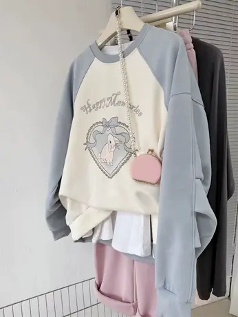 2024春季新款撞色圆领上衣女爱心小兔宽松插肩褶皱袖薄款卫衣外套商品大图