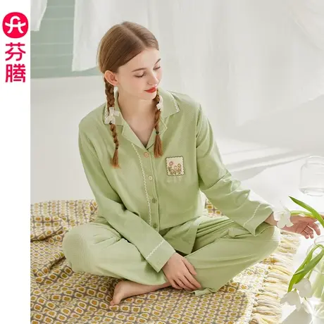 芬腾纯棉睡衣女春秋季长袖翻领开衫休闲宽松全棉可外穿家居服套装商品大图