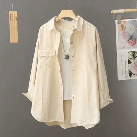港味纯棉长袖衬衣女外搭春秋季温柔显白杏色宽松百搭衬衫外套叠穿图片