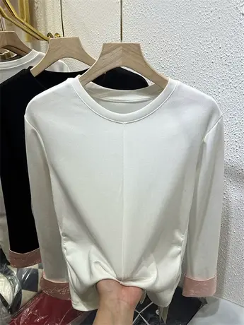 国风设计感宽松T恤长袖下摆开叉上衣女2024春装新中式提花打底衫图片