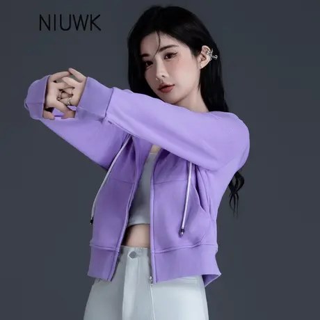 2024年早春紫色卫衣外套女士简约小个子短款休闲舒适连帽开衫上衣图片