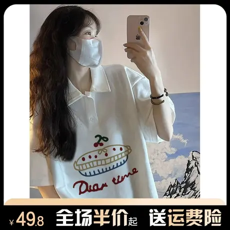 纯棉polo衫短袖t恤女春夏季2024新款设计感小众宽松美式高街上衣商品大图