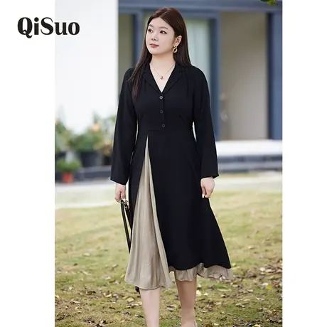 显瘦胖MM大码长袖连衣裙早秋装新款法式气质西装开衩假两件小黑裙图片