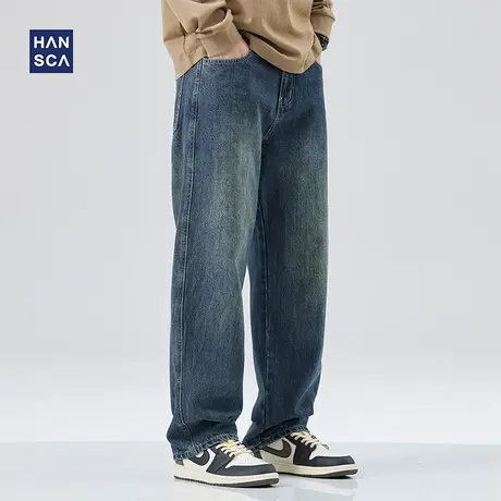 hansca阔腿牛仔裤男宽松直筒青少年加绒加厚潮牌复古美式休闲长裤商品大图