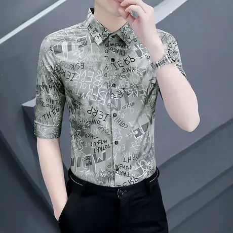 夏季衬衫男士短袖潮牌高级感免烫七分袖衬衣休闲冰丝印花中袖男装商品大图