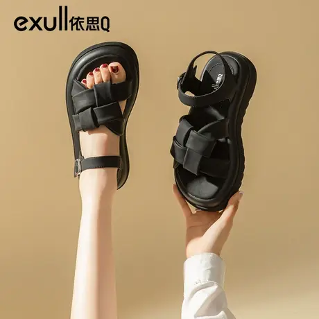 依思q黑色编织罗马凉鞋女2024夏季新款外穿运动厚底一字带沙滩鞋商品大图