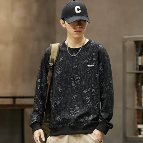 秋冬季潮牌字母印花下摆螺纹弹力袖口圆领卫衣男士2023新款tT恤衫商品大图