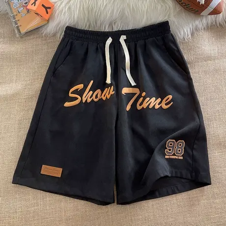 短裤男夏季薄款拼皮发泡印花五分裤子休闲美式2023宽松潮牌运动裤商品大图