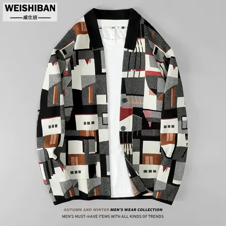 美式休闲V领开衫毛衣男秋季慵懒风针织衫ins个性提花拼色休闲外套商品大图