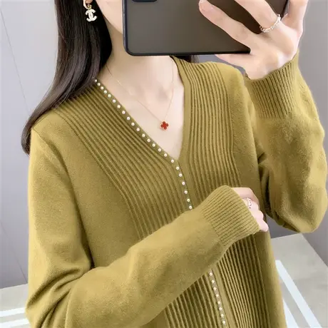 洋气时尚针织打底衫女内搭初秋上衣2022新款钉珠V领女士毛衣秋冬图片
