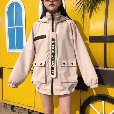 薄款夹克外套春秋2021新款女装韩版ins超火网红复古宽松连帽风衣商品大图