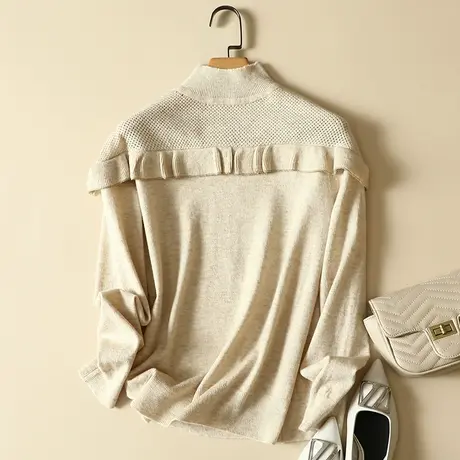 半高领纯色镂空针织衫洋气拼接荷叶边减龄上衣女士秋冬毛衣打底衫商品大图