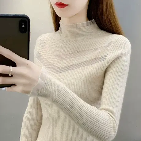 2022年秋冬新款半高领软糯毛衣女长袖打底衫套头百搭蕾丝针织衫女商品大图