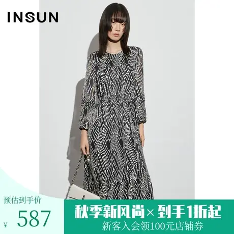 恩裳COVER2023早春新款透视斑马条纹雪纺七分袖荷叶摆减龄连衣裙图片