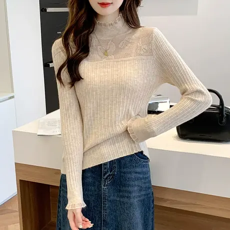 半高领蕾丝拼接打底衫女2023秋冬新款修身内搭针织衫长袖春秋上衣商品大图