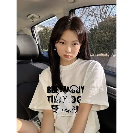 白色纯棉正肩短袖t恤女夏季新款宽松韩系爆款多巴胺绝美上衣穿搭商品大图