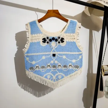 勾花镂空吊带背心女夏季新款波西米亚度假风流苏马甲无袖上衣外穿图片