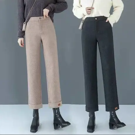 2023秋冬新款高腰阔腿裤女直筒西装裤卡其毛呢垂坠感显瘦休闲裤子图片