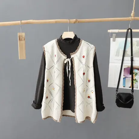 小众无袖针织开衫女刺绣马甲背心秋装2023年新款宽松圆领毛衣坎肩商品大图