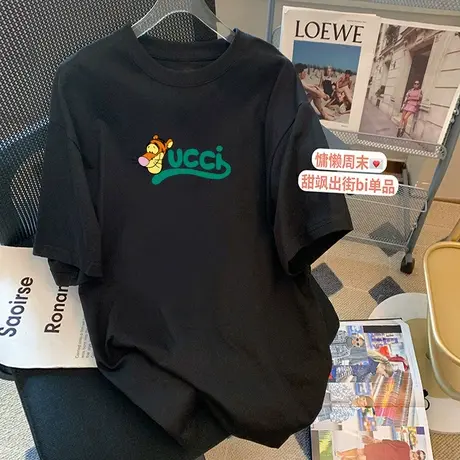 纯棉圆领短袖T恤女韩版宽松ins潮半袖白色上衣简约时尚百搭体恤夏图片