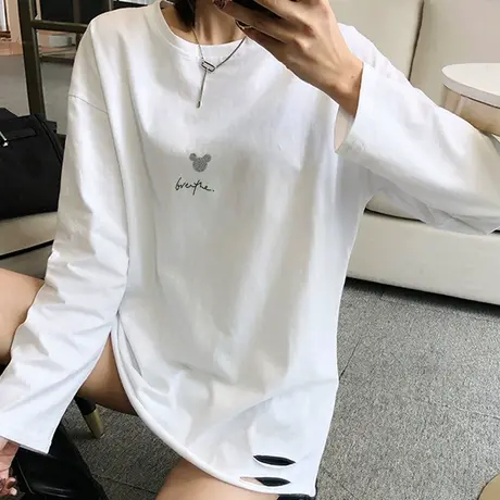 纯棉长袖T恤女磨毛内搭2022秋季新款米奇印花宽松中长款打底上衣图片